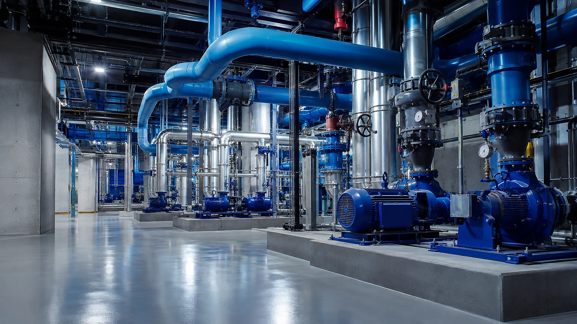 Chilled water pumps and piping in a central plant