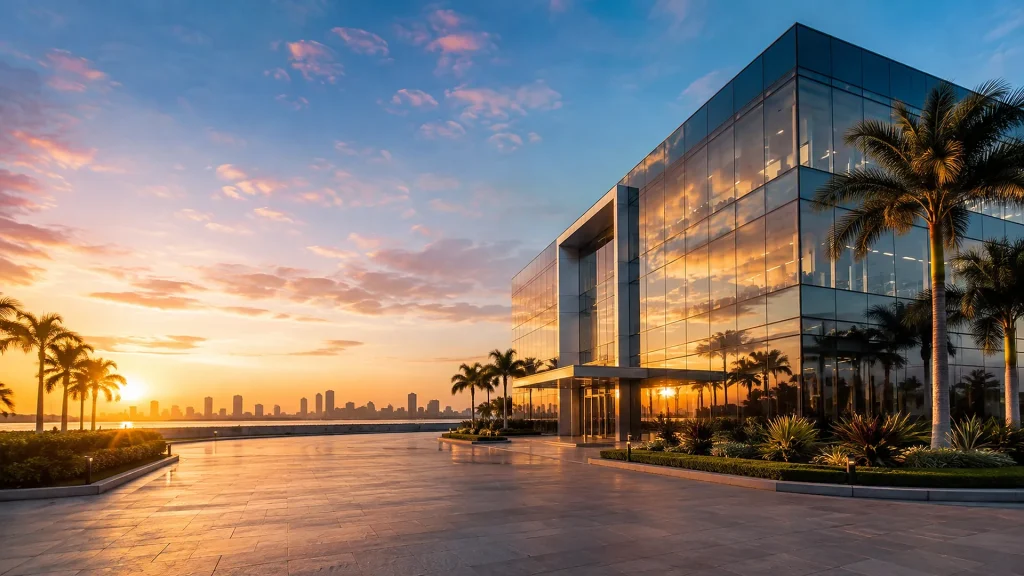 Commercial glass office building at sunset